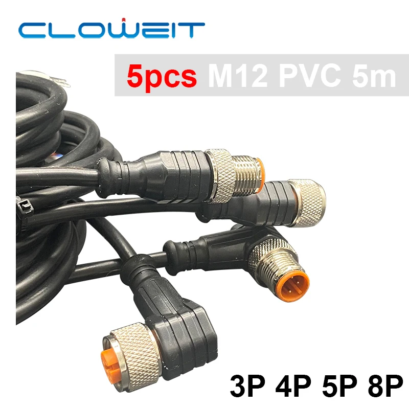 5pcs M12 3 4 5 8 Pins PVC 5m Customize LED Waterproof Sensor Cable Connector Type A Socket Plug Cloweit