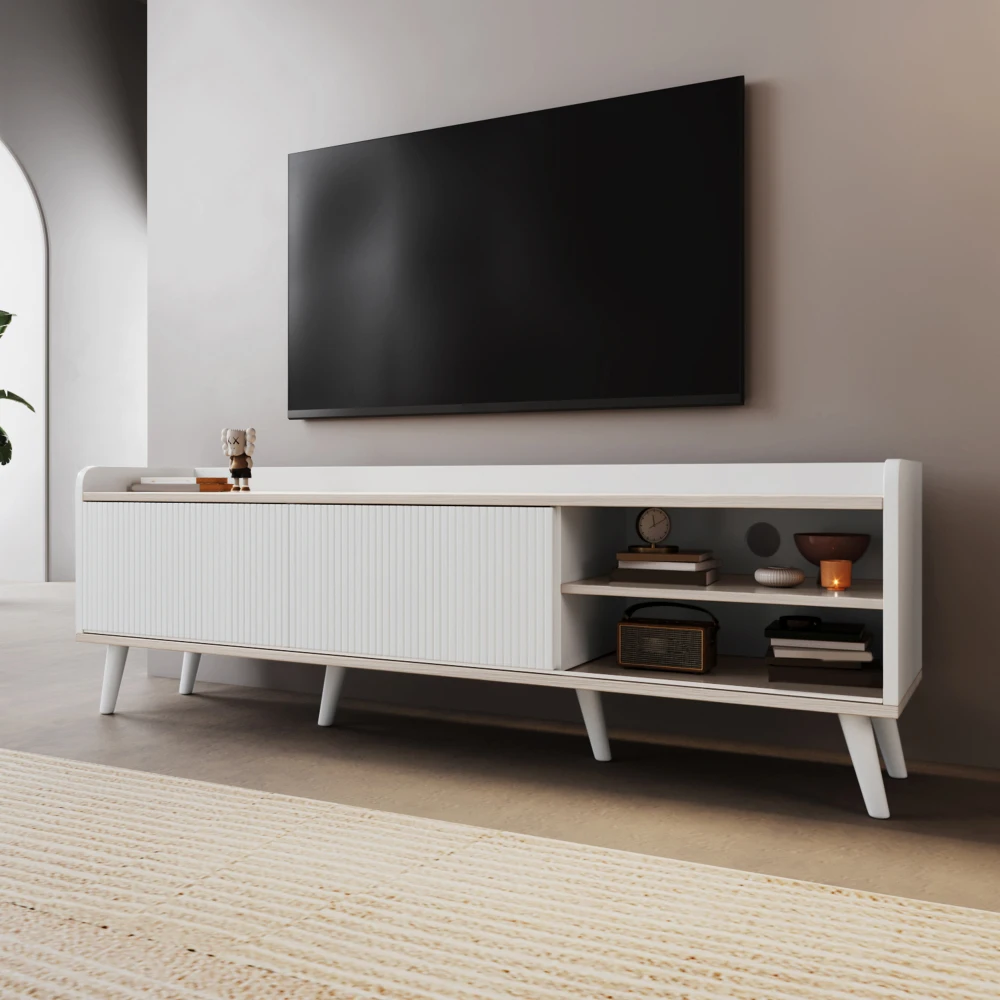 Image of Ye TV-Schrank mit zwei Schubladen, TV-Tisch, niedriger TV-Ständer mit zwei Schiebetüren. Exquisite Textur. Weiß und Naturholzfarbe. H58/L160/T40 cm.