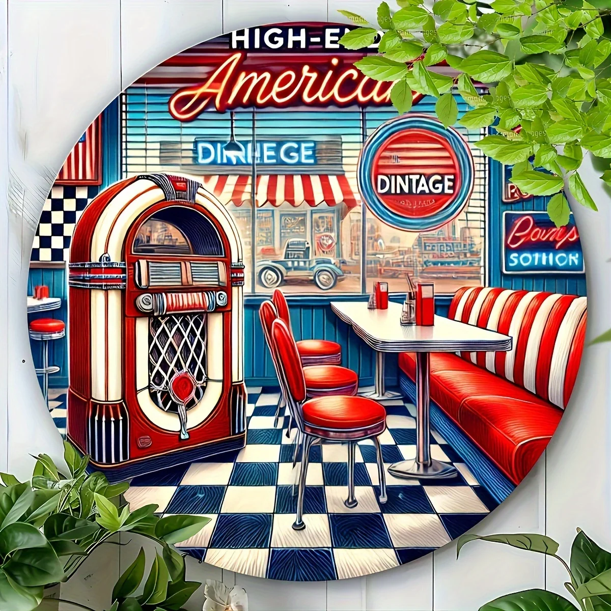 Arte de pared de comedor americano vintage de los años 50: silueta redonda de madera artificial de 7,87 pulgadas con diseño retro de Jukebox y cabina roja, fácil t