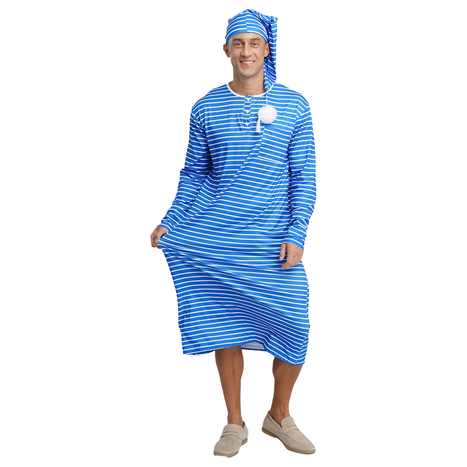 

Mens Striped Pajamas Robe with Sleeping Cap Crew Neck Long Sleeve Loose Henry Nightshirts Comfortable Homewear Loungewear