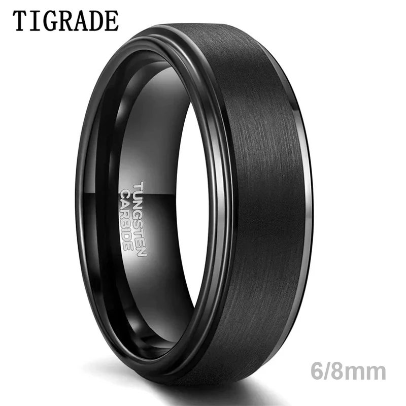 Tigrade 6/8mm Tungsten Carbide Ring Men Black Brushed Fashion Male Wedding Rings Vintage Engagement Band for Couple Unisex Band