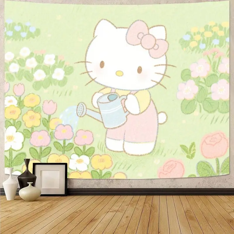 

1PC Sanrio Hello Kitty Watering Garden Tapestry, Pastel Kawaii Floral Polyester Wall Art, Room Decor for Girls & Kitty Fans