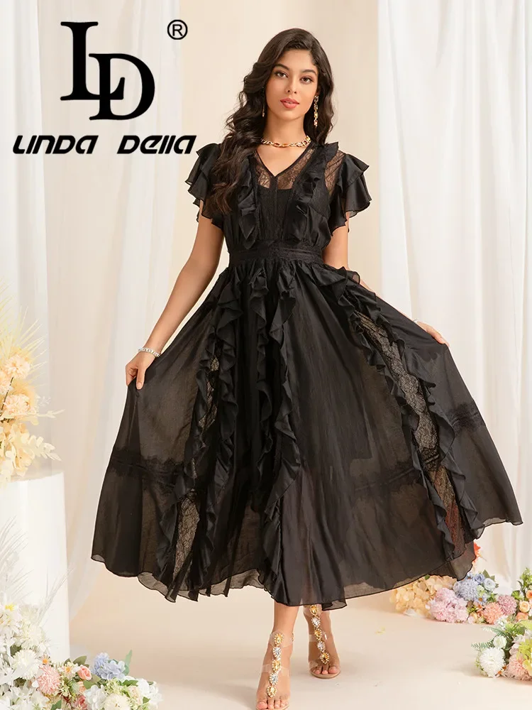 LD LINDA DELLA Sexy V-neck Lotus Sleeve Lace Splicing Blue Princess Dress Europe and the United States summer Women's New 2024