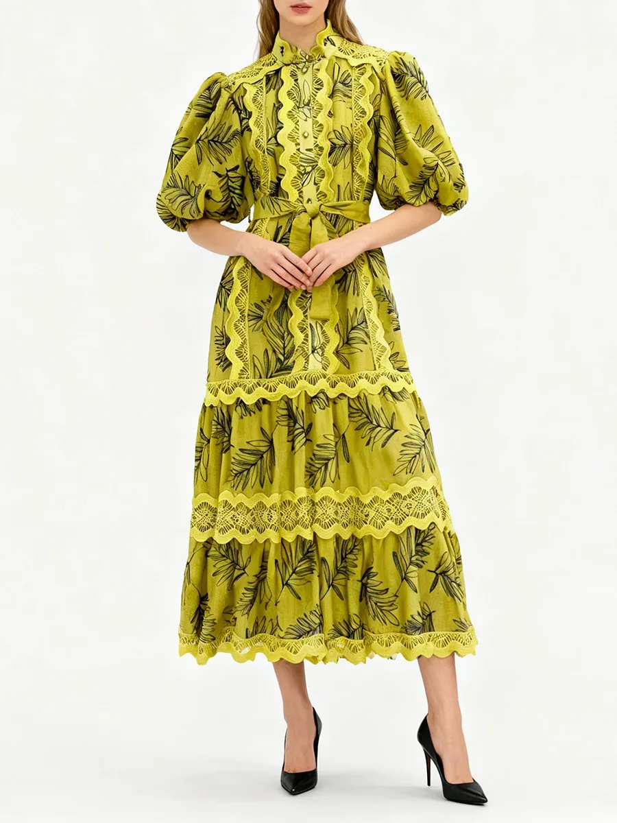 TWOTWINSTYLE الطباعة شير تقسم الدانتيل فساتين أنيقة للنساء الجولة الرقبة قصيرة الأكمام Pathwork الدانتيل يصل فستان طويل الإناث #2