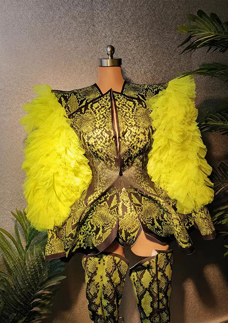 Halloween Festival Outfits Sexy Driedelige Set Fluorescerende Groene Slangenprint Sexy Podium Bodysuit Party Leotard