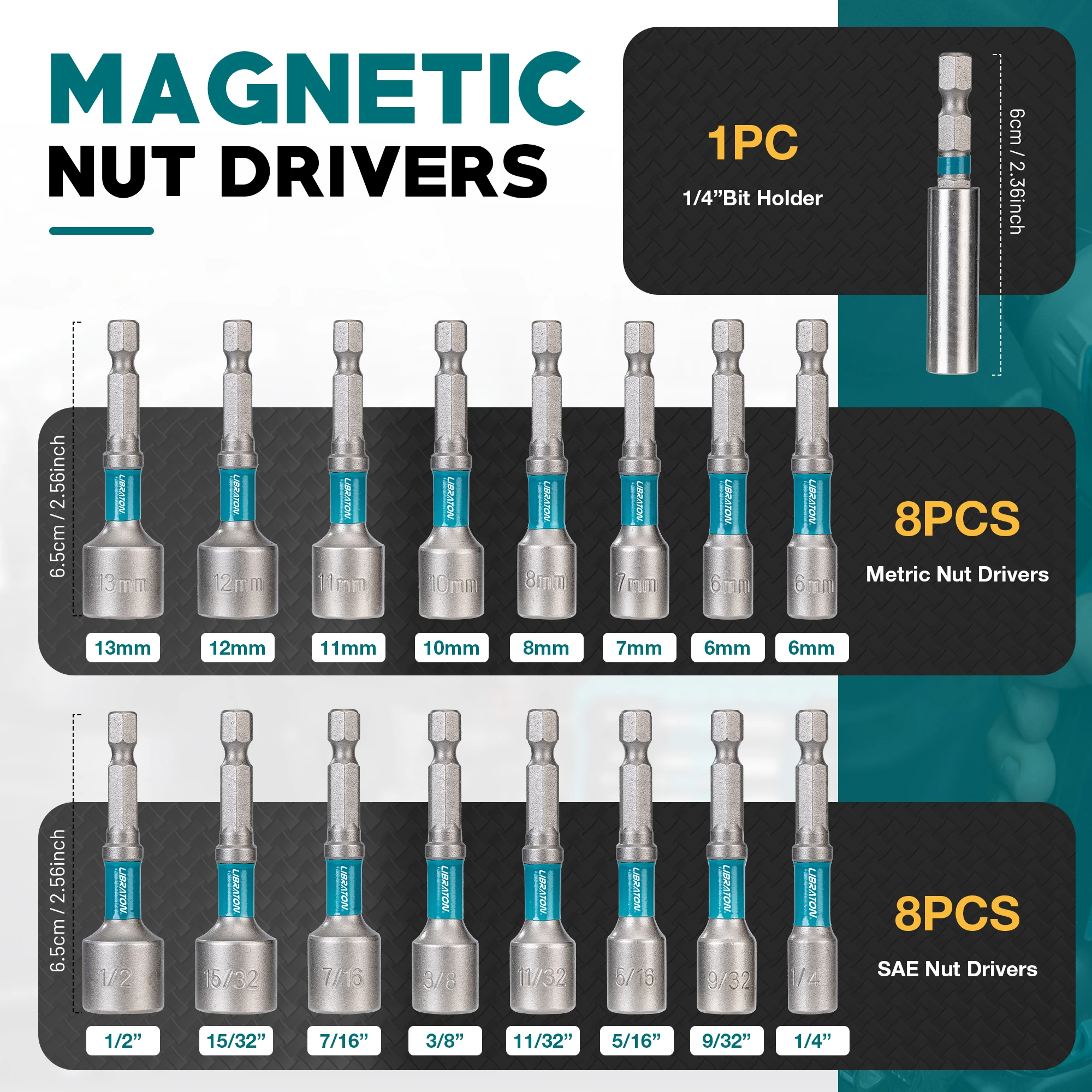 24PC Magnetic Nut Driver Set Include Metric & SAE Nut Drivers Socket Adapter Bit Holder Screwdriver Bits for Car Repair