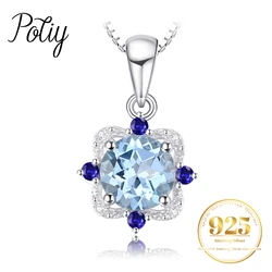 Potiy 925 sterling silver Natural Sky Blue Topa Pendant for women jewellery elegant sets retro luxury quality valentines Gifts