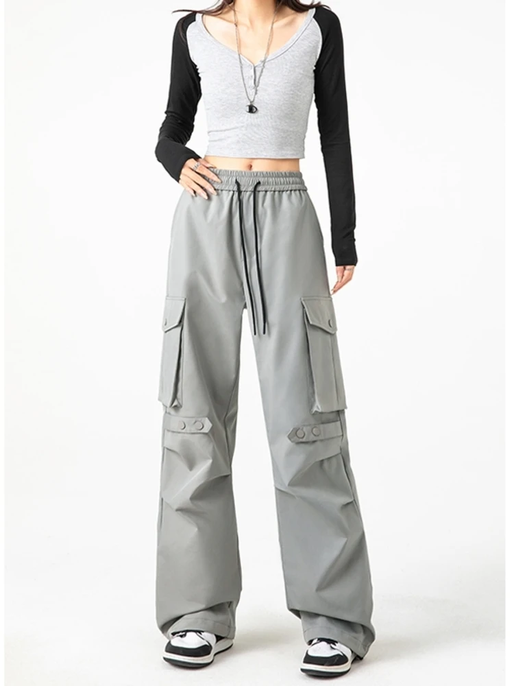 

Folded Button Design Men's Work Trousers Summer American Retro Functional Straight Leg Sport Casual Long Pants