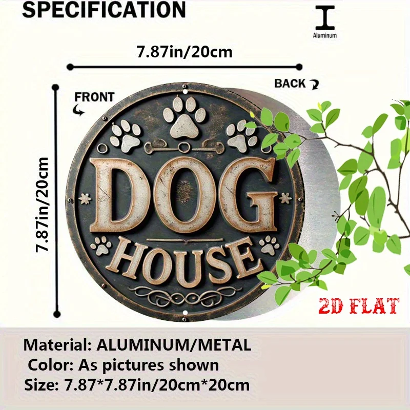 2D Flat 1pc Dog House Round Sign, Pet Lover Round Wall Decor Paw Prints Rustic Metal Wall Art, for Home Sign Metal Wall Art Deco