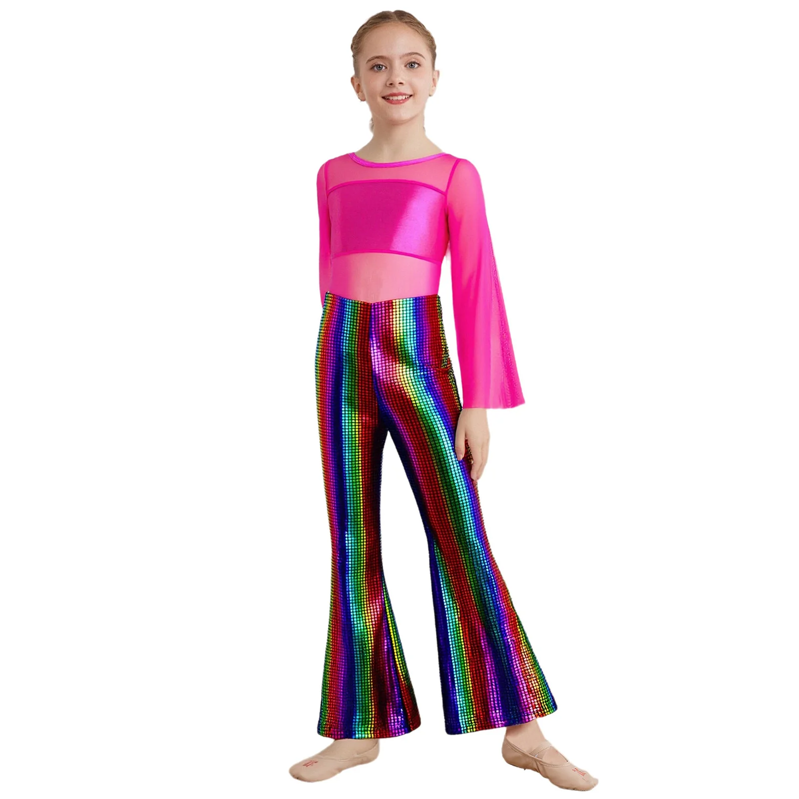 

#6-16 Kids Girls Jazz Tango Dance Performance Costume Long Flared Sleeves Sheer Mesh Metallic Plaid Jazz Raves Dance Jumpsuit