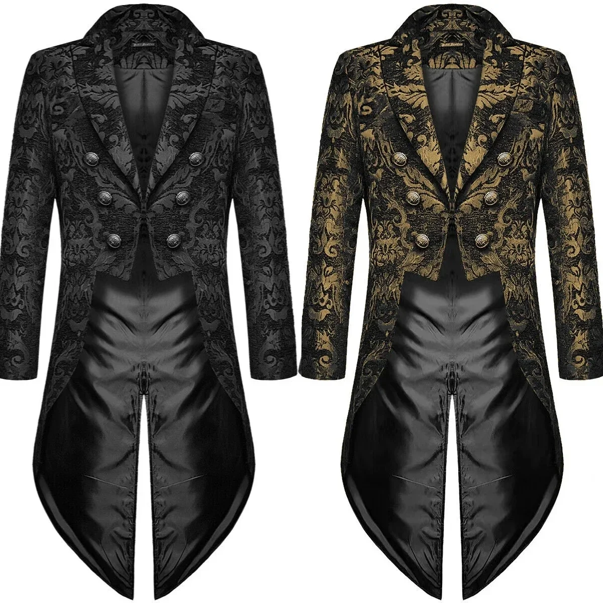 

Fashion Mens Gothic Steampunk Tailcoat Jacket Black Brocade Damask Wedding Halloween Tailcoat Jacket