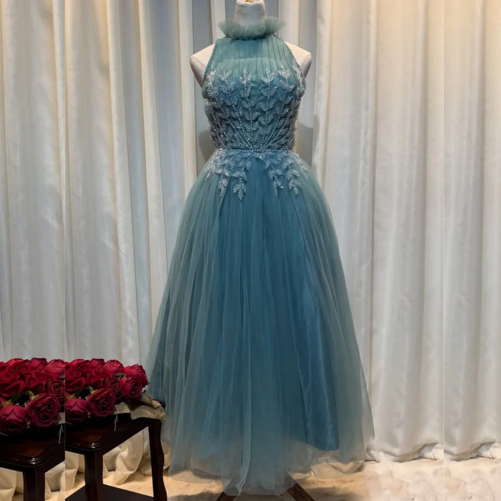 

Customized Sizes Available Organza Sequined Pleat A-line High Collar Long Dresses Bespoke Occasion Sparkle