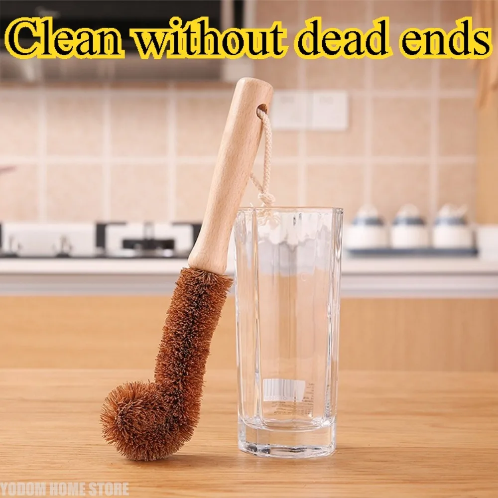 Coconut Palm Cup Brush Wooden Long Handle Bottle Kitchen Wash Cup Tweezers Glass Decontamination Helper Cleaning Brush