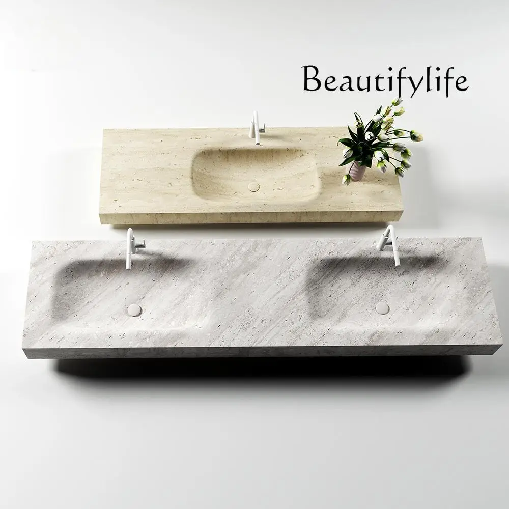 

X Thermoformed Roman Travertine Basin: Heat-Pressed Seamless Sink W/ Beige Veins - Villa Luxury