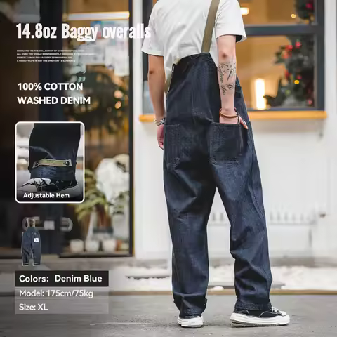 Maden Vintage Unisex Denim Overalls Baggy Fit Navy Deck Jumpsuits Couple Cotton Wide-leg Oversize Jeans for Autumn and Winter