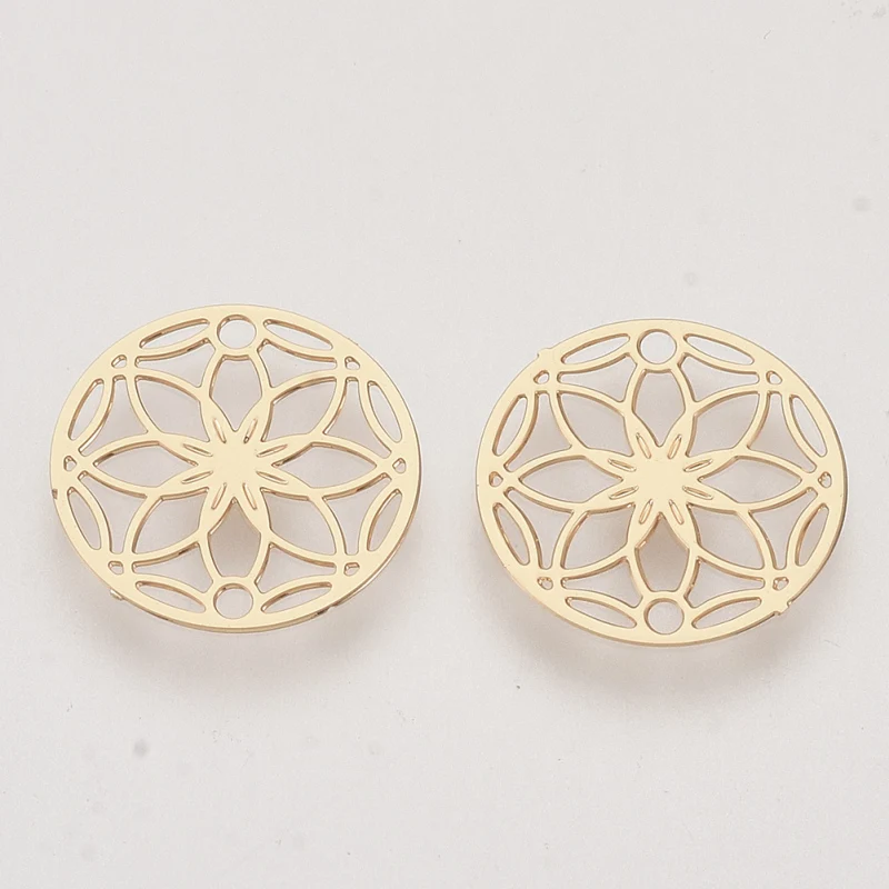 20 szt. Mosiężne łączniki Łączniki Wytrawiane metalowe ozdoby Długotrwałe platerowane Kwiat życia Jasne złoto 13x0,3 mm Otwór: 1,2 mm — zdjęcie 3