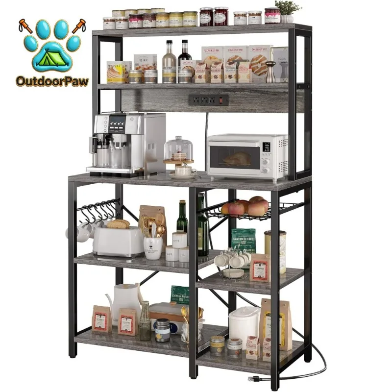 Bakers Rack with Power Outlet, 35.4 Inches Coffee Bar, Kitchen Microwave Stand with 6 S-Shaped Hooks, Open Storage Shelves