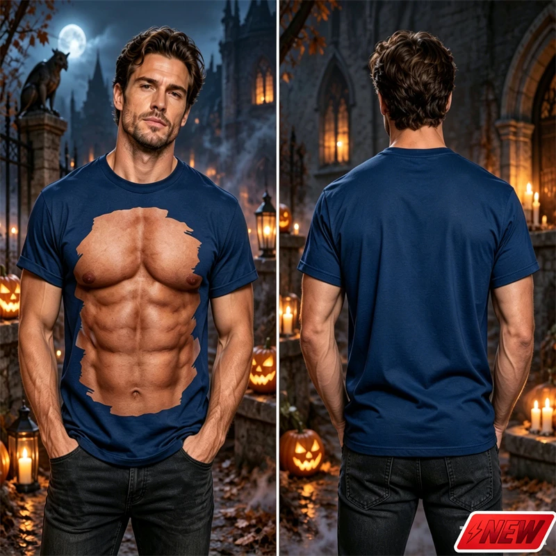 Novelty Fake Muscle T Shirt For Men Short Sleeve Crew Neck Quick Dry 3D Print Halloween Cosplay Party Costume Daily Casual Tee
