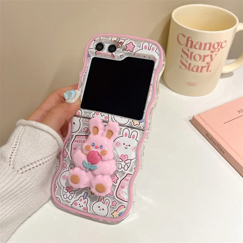 Cute Milk Tea Rabbit Phone Case for Samsung Galaxy Z Flip 3 Z Flip 4 Z Flip 5 Hard PC Back Cover for ZFlip5 Case Shell
