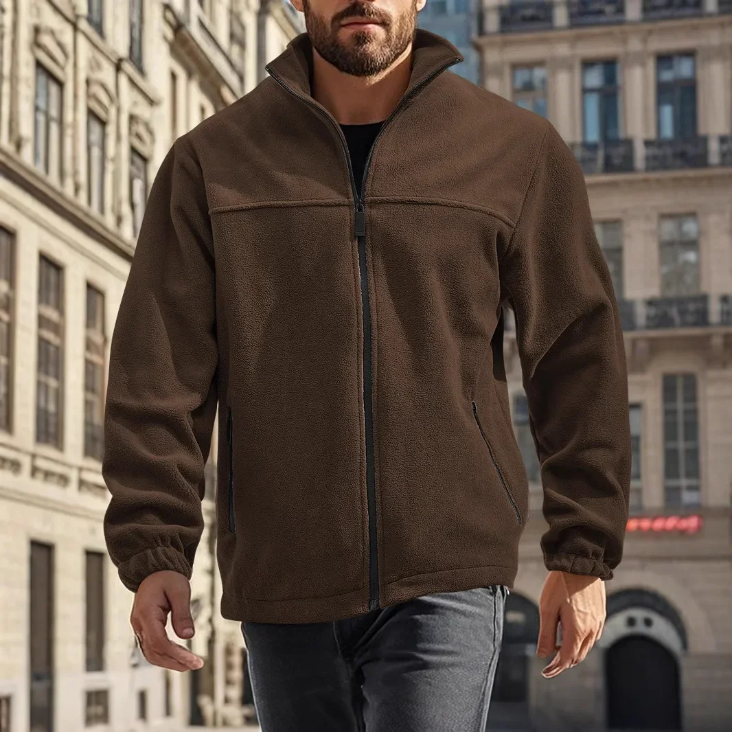

Mens Fleece Coats Fashion Solid Zip Up Stand Collar Jacket Men Leisure Long Sleeve Loose Outerwear Mens Jacket