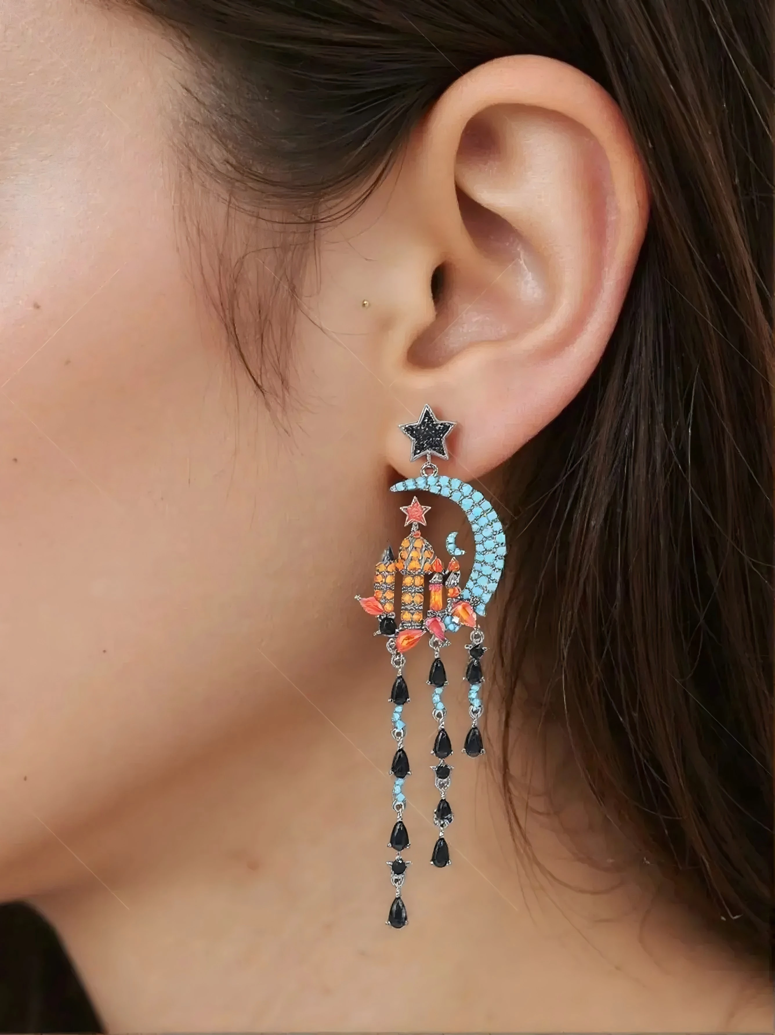 

"925 Sterling Silver Star-Moon Castle Drop Earrings - Exaggerated Tassel Design with Zircon Accents | Industrial Chic Statement