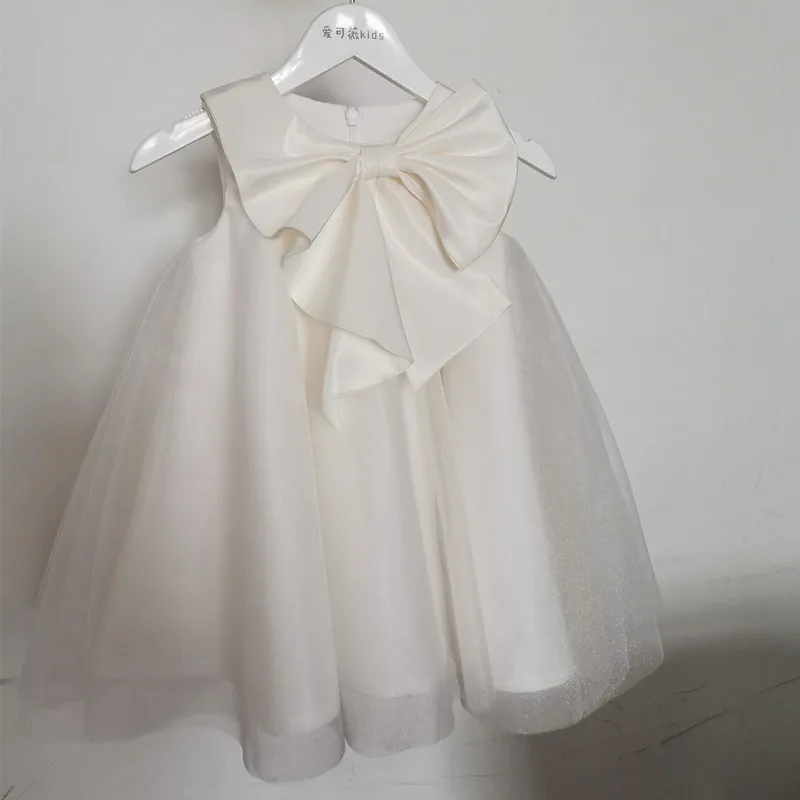 2022 New Girls Dress Sleeveless Mesh Dress With big Bow Flower Girl White Dress Baby Party Dress Childrens'Holiday Birthday Gift