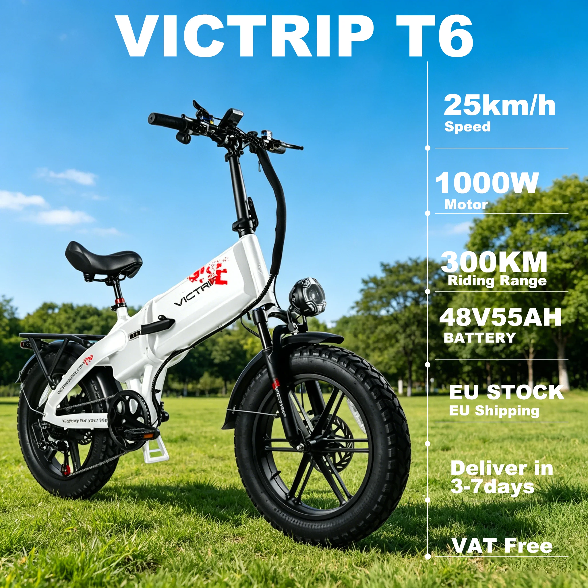 VICTRIP T6,vélo électrique pliant urbain adulte,autonomie 300km,moteur 1000W,pneus tout terrain 20*4 pouces,batterie lithium 48V55Ah 2640Wh,7 vitesses,4 modes de conduite,vélo électrique mixte,vélo électrique pliant