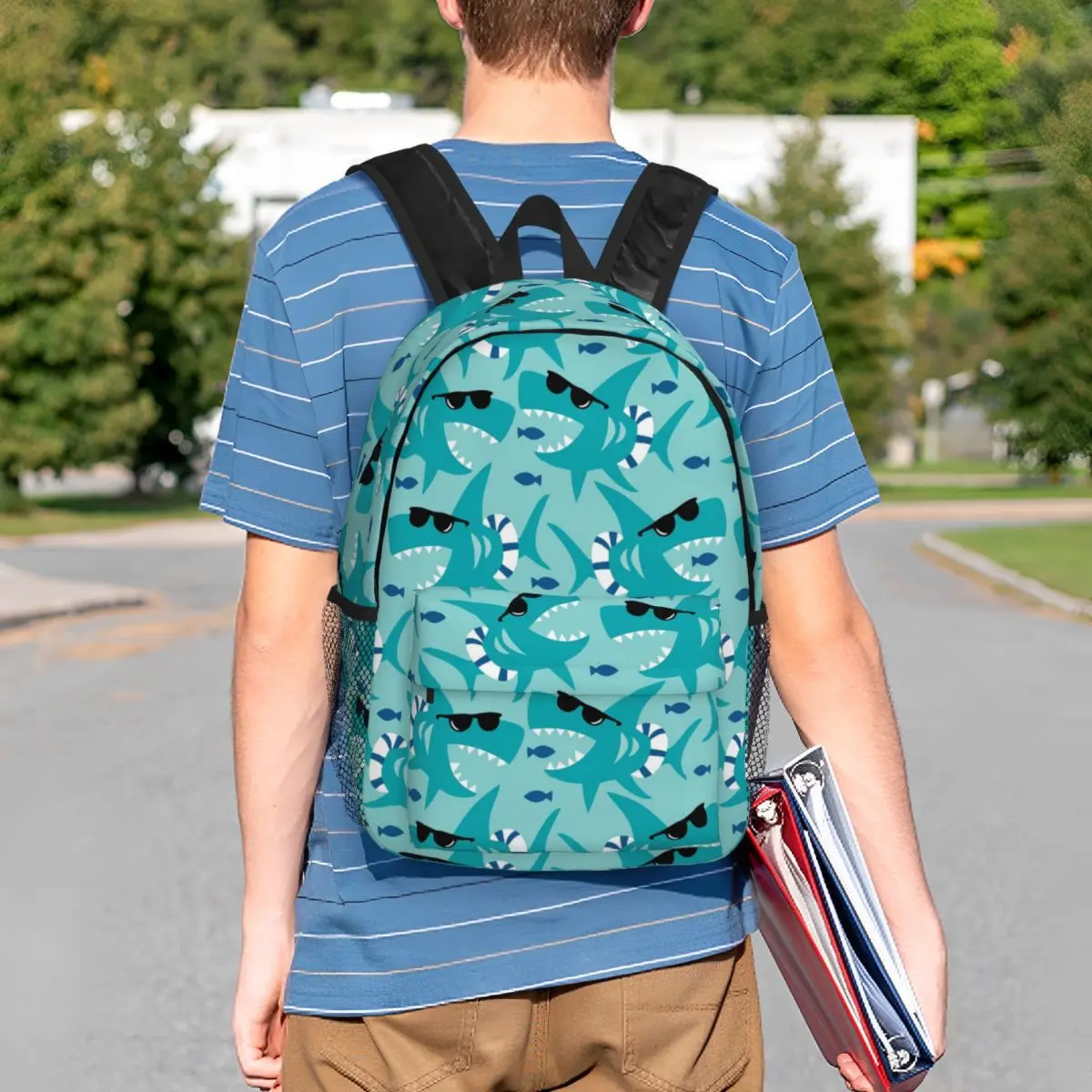 Cartoon Shark With Sunglasses Pattern Backpack Student BookBag Kids School Bag Computer Shoulder Bags for Boys Girls