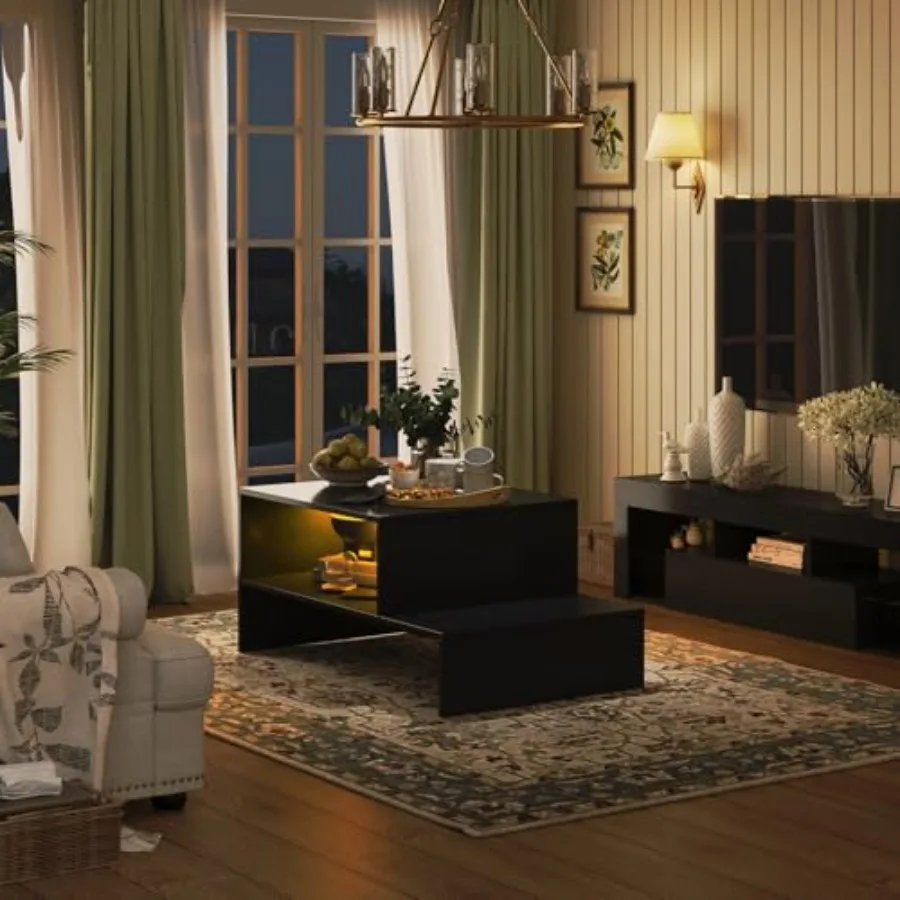 طاولة القهوة السوداء لغرفة المعيشة مع LED 35x22x16 بوصة طاولة القهوة الحد الأدنى طاولة مركزية ذكية 2 طبقة مستطيل صناعي Co