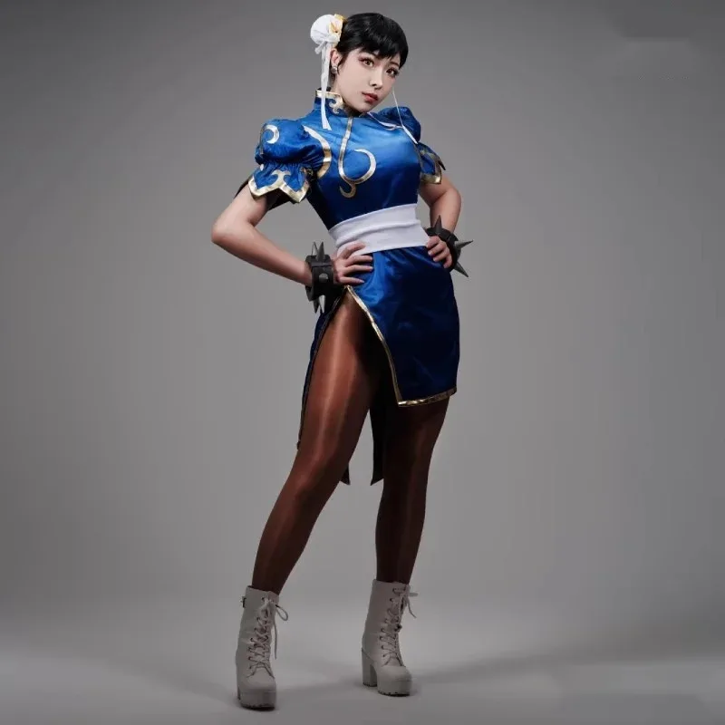 格闘ゲーム SF 春麗コスプレ衣装セクシーなバトルスーツアニメ女性チャイナドレスチョッキかぶとかつらブレスレットセット