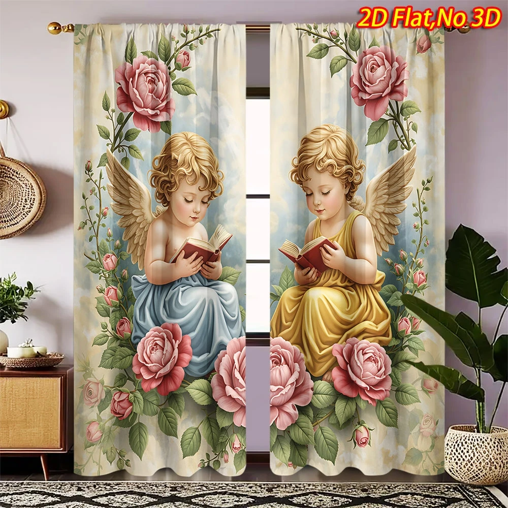 Romantic Angel Reading Floral Print Curtains for Bedroom Living Room Home Decor Window Curtain Panels