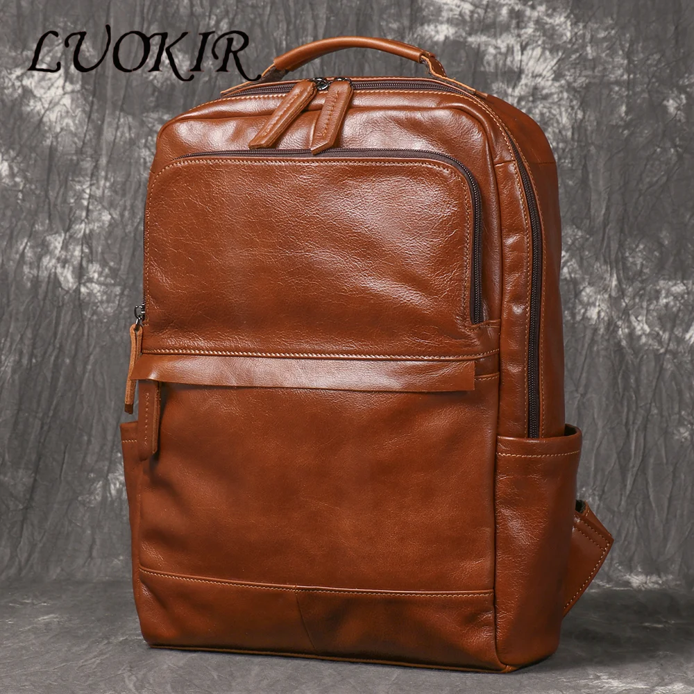 

LUOKIR Vintage Top Layer Cowhide Men's Travel Backpack Women's Leather Computer Backpack Large Capacity School Bag