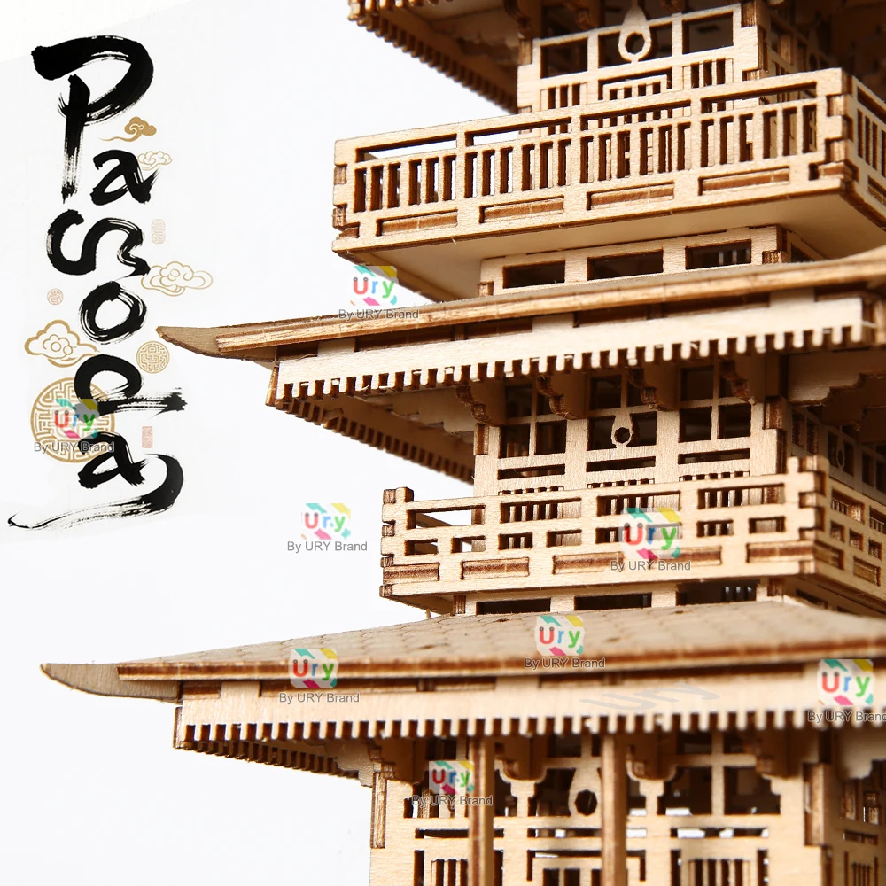 URY 3D木製タワー古代パゴダ中国伝統パズルライト付きDIYモデルゲーム組み立てデスクトップおもちゃ子供大人向けギフト