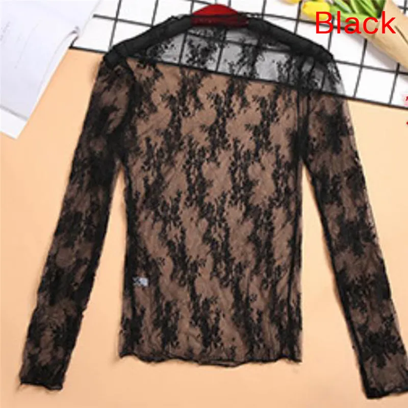 Korea Stil Mesh T Shirt Spitze Blume Unter Shirt Langarm Transparent T-shirt Sexy Schwarz Spitze Durchsichtig Mesh T Tops Frauen – Detail 12