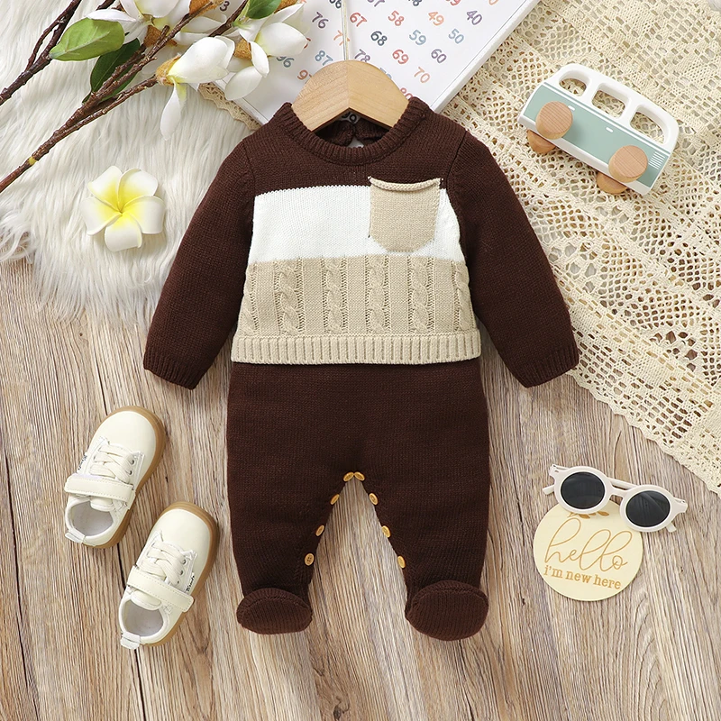 Autumn Baby Romper Knit Newborn Boy Girl Jumpsuit Long Sleeve Foot Wrap Warm Infant Clothes Fashion Pocket Stripes 0-9M Overalls