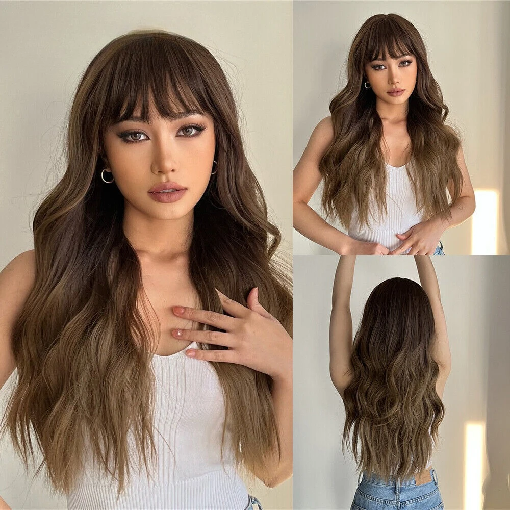 

Women Long Wavy Curly Wigs Highlight Ombre Brown Synthetic Daliy Cosplay Party
