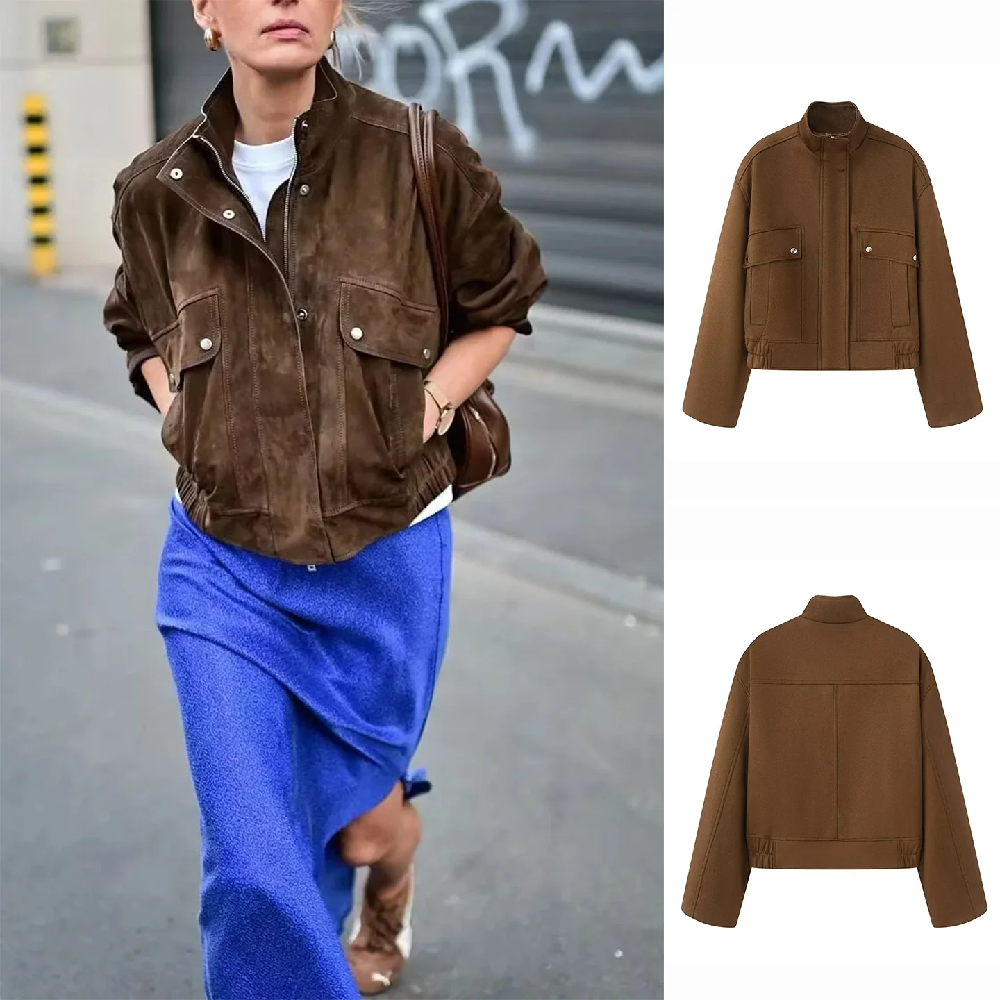 

Ретро американский свободный крой с воротником-стойкой Long Sve Faux Suede ort Jaet Женская повседневная мода из полиэфирного волокна