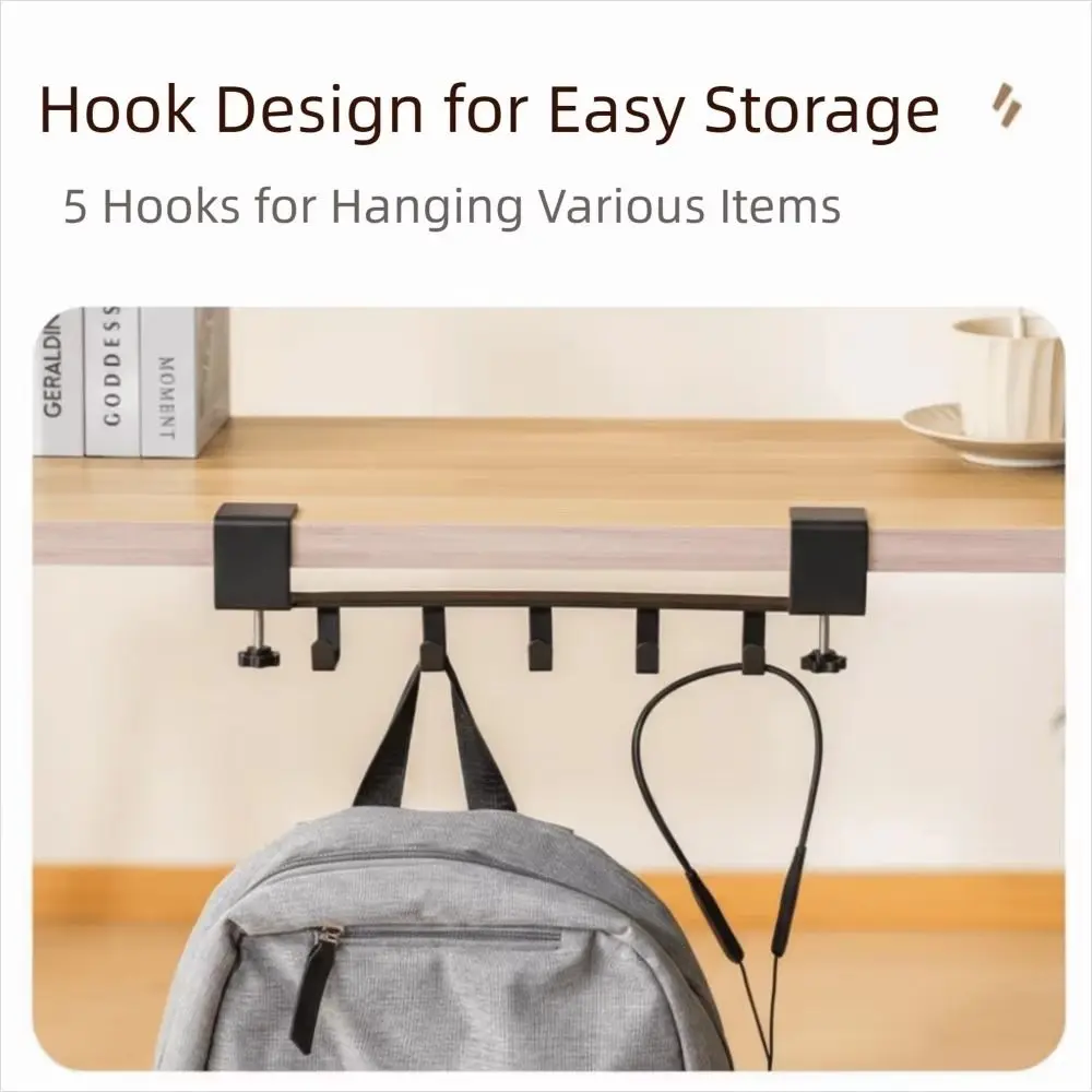 Carbon Steel Desk Side Mount Hook 5 Hooks Adjustable Mobile Storage Rack Easy Install Strong Load-bearing