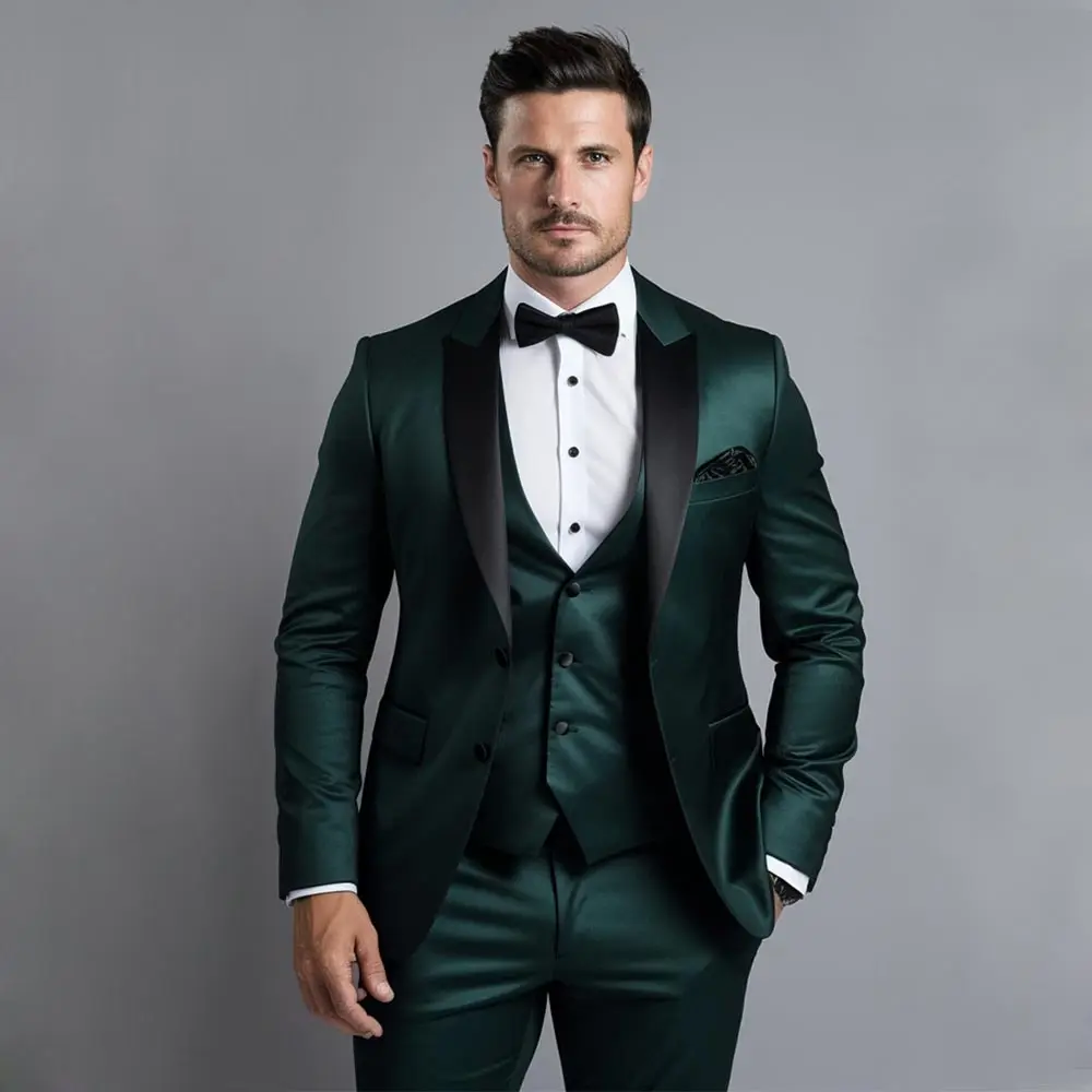 

Темно-зеленый облегающий мужской костюм, индивидуальный пошив, мужские комплекты из блейзера, деловые смокинги, пиджак, жилет и брюки, свадебная одежда для жениха с заостренным лацканом