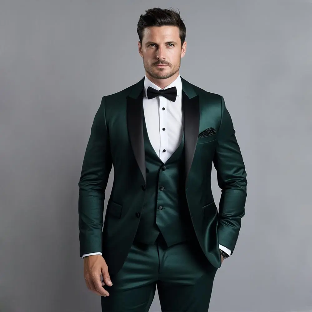 

Dark Green Slim Fit Men's Suit Custom Made Male Blazer Sets Formal Tuxedos Jacket Vest And Pants Peaked Lapel Wedding Groom Wear