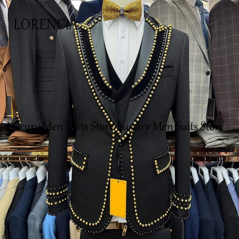 

Elegant Beaded Men Suits 3 Pieces Set Beading Tuxedos Formal Wedding Groom Outfits Customized Blazer Pants robe mariage femme