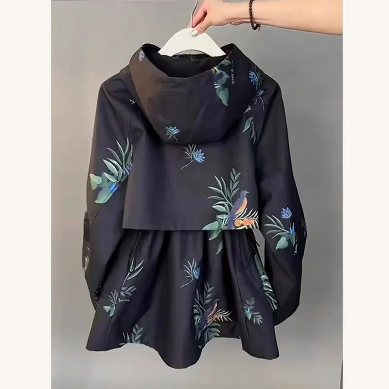 YYAHAHAS Women's Technical Windbreaker Hooded Jacket Loose Fit Black Graphic Print Urban Techwear Casual Coat New Arrival