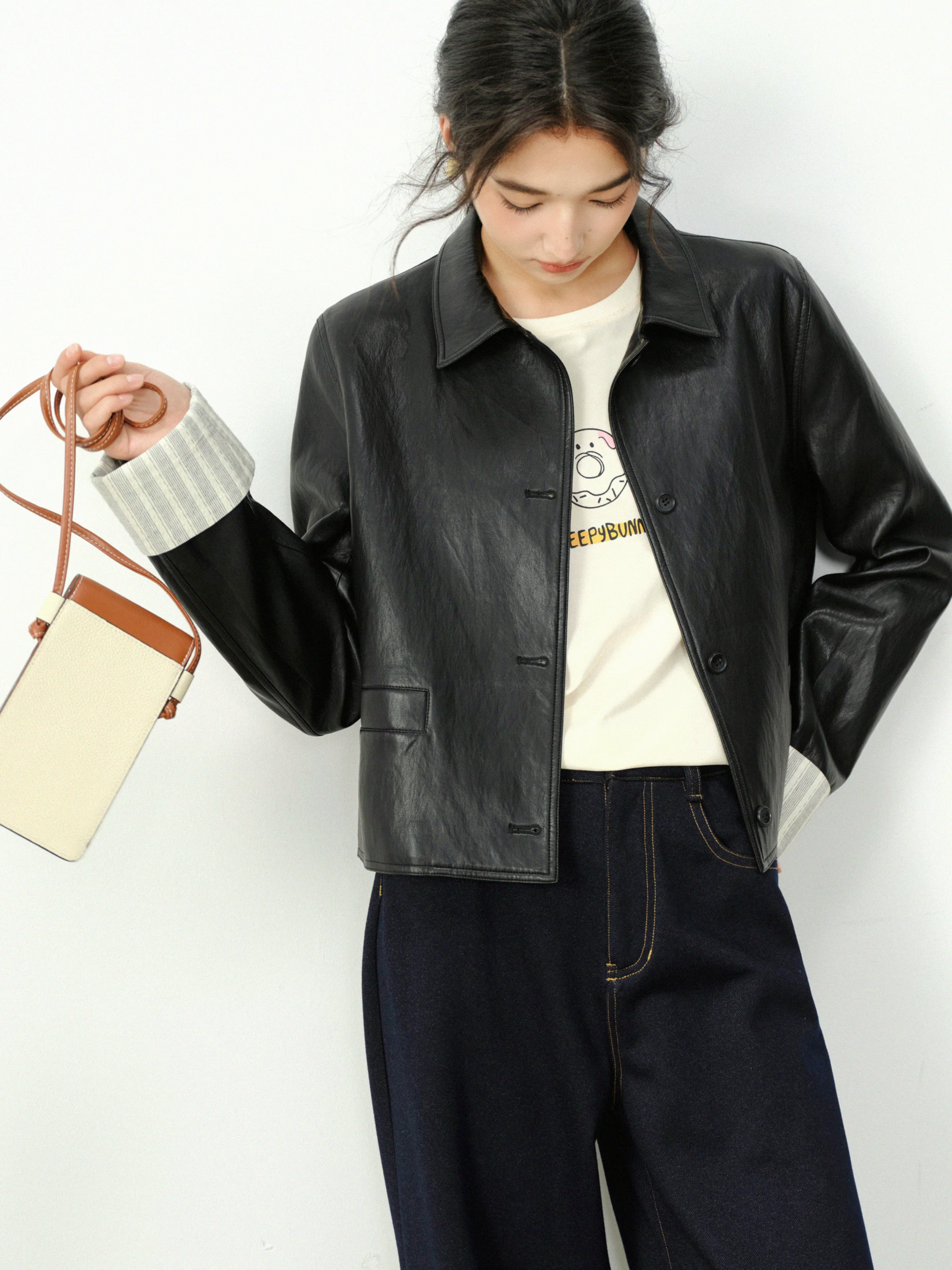 Vintage PU Leather Jacket for Women Short Loose Fit Coat Autumn Casual Turn Down Collar Outerwear Fashion Cropped Motorcycle Top