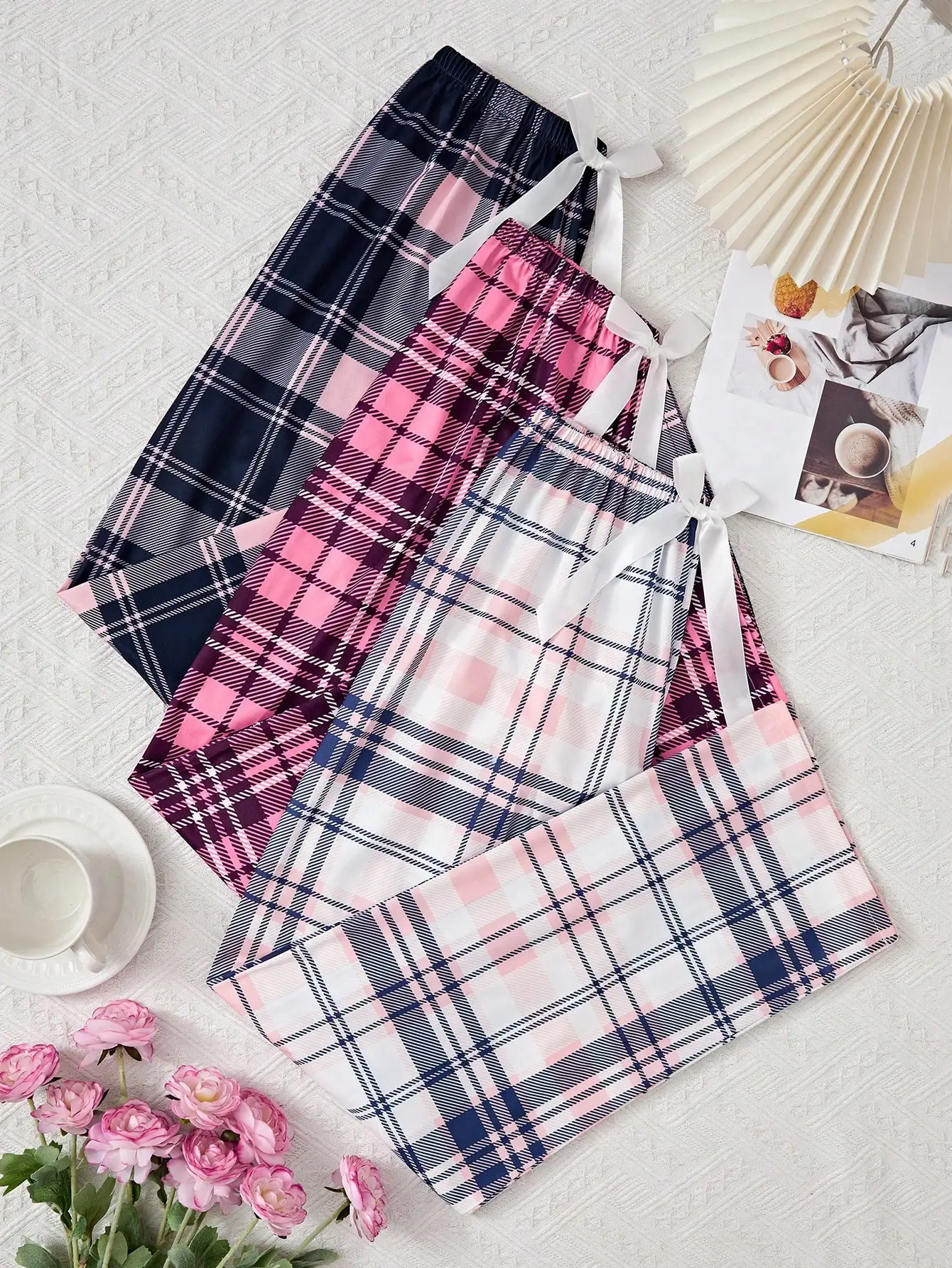 

Комплект из 3-х штук: женские пижамные брюки в клетку – мягкая хлопковая ткань, повседневная домашняя одежда