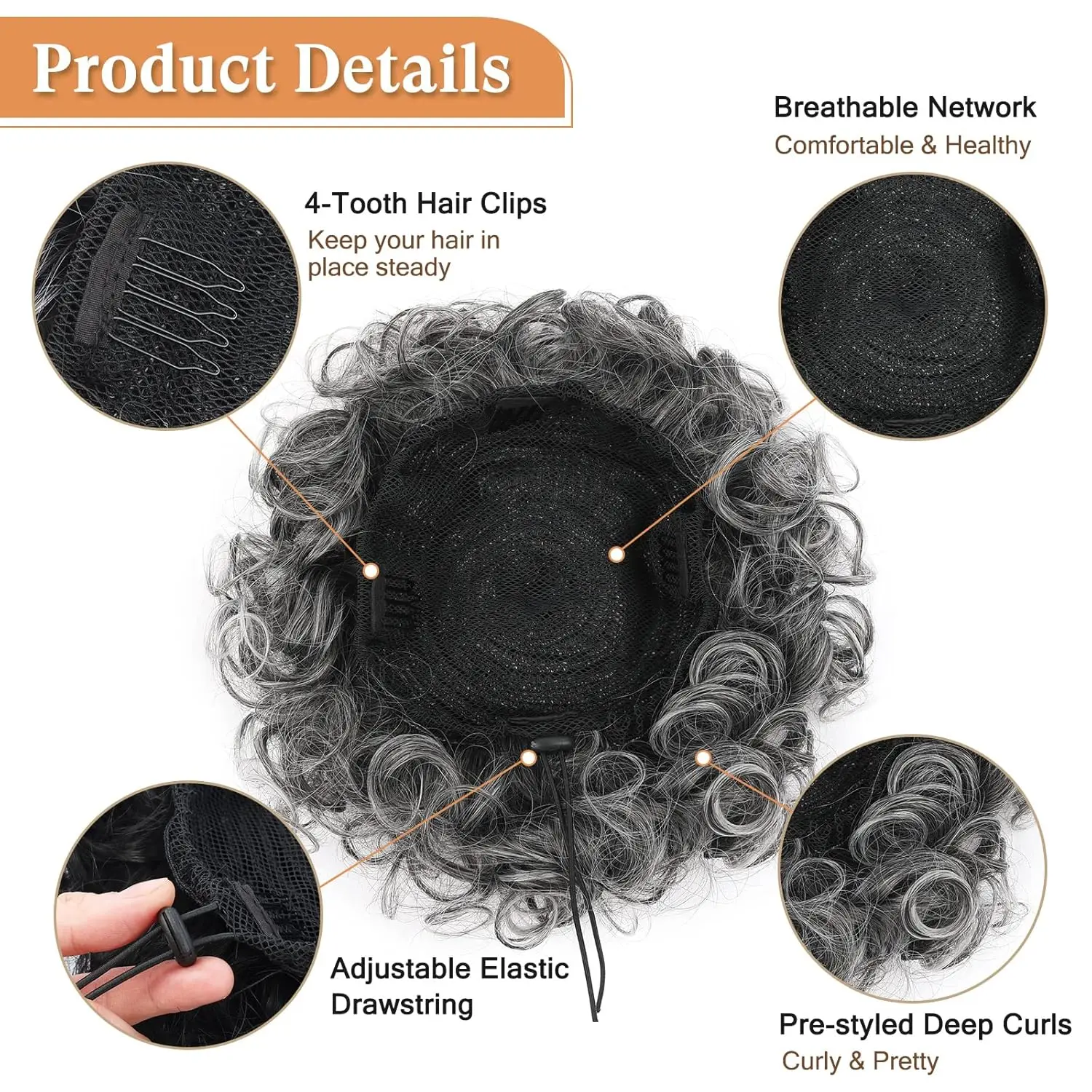 Panini per capelli ricci grigi Chignon disordinato Clip in pezzi di capelli sintetici per donne Estensioni dei capelli per chignon sale e pepe Ricciolo grande