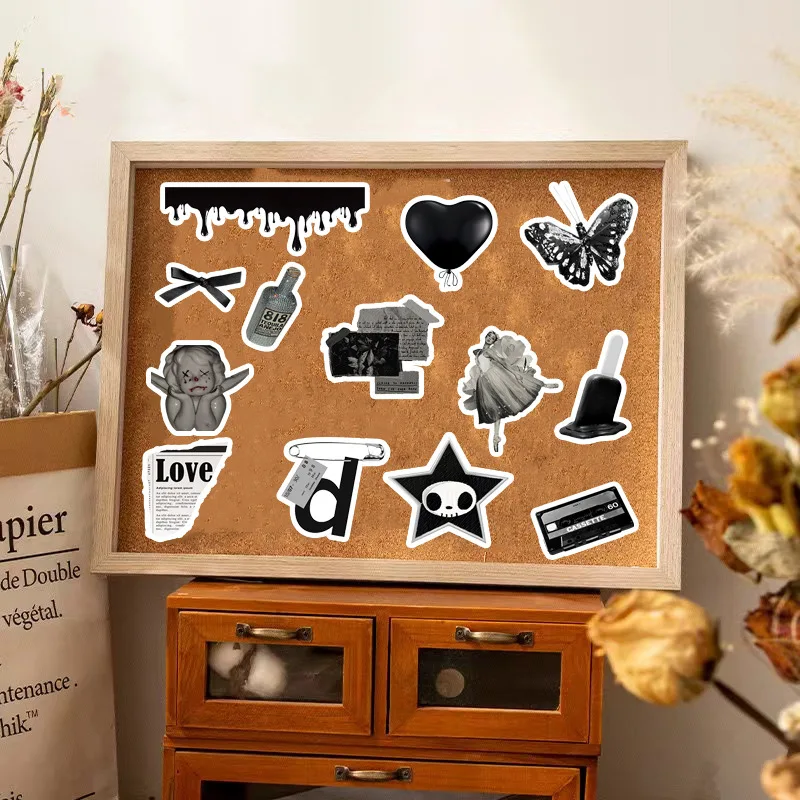 50 buah hitam dan putih pusat kota anak perempuan estetika Y2K stiker DIY buku tempel telepon bagasi Skateboard stiker tahan air