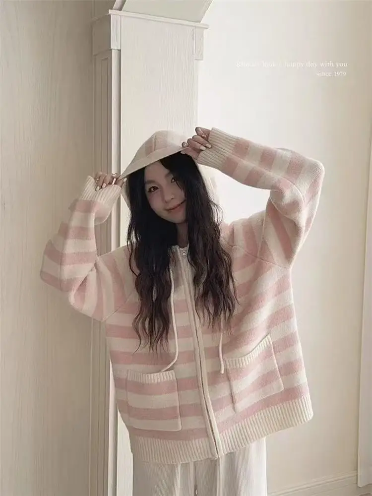 الكورية Sle كلية الرياح سترة Jaet المرأة الجديدة محبوك التخسيس مقنعين سترة مفتوحة فضفاضة أعلى الخريف الشتاء