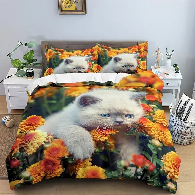 3D Cat Print Duvet Cover Floral Bedding Set Single Twin Double Queen King Cal King Size Bed Linen Set