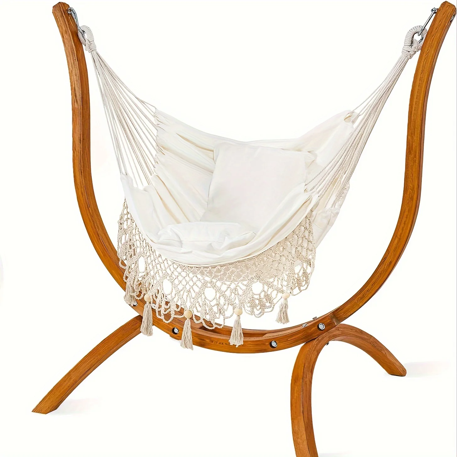 Hammocks Swing Chair With Stand, Heavy-Duty Wood Stand, Macrame Boho Handmade Adjustable Swing With Cushion For Indoor