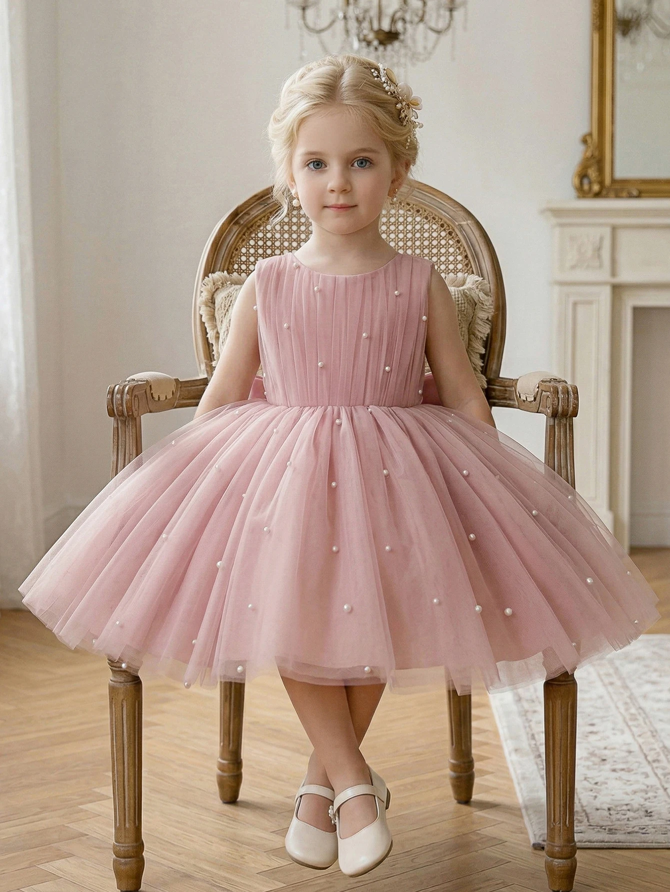 Young Girl Pink Pearl Bowknot Decorated Net Party Dress,Birthday Party,Princess Dress,Banquet,Stage Performance,Daily Wear view 6